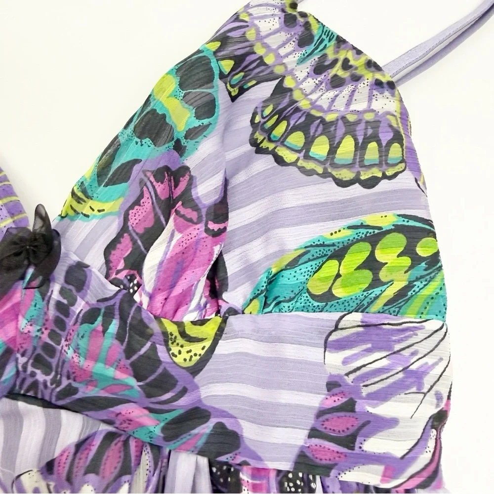 Betsey Johnson Intimates Butterfly Print Satin Chemise Slip Open Tie Back Purple